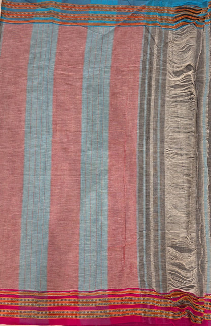 Grey - Pink & Blue Ilkal handloom Patteda Anchu-Gayatri Border