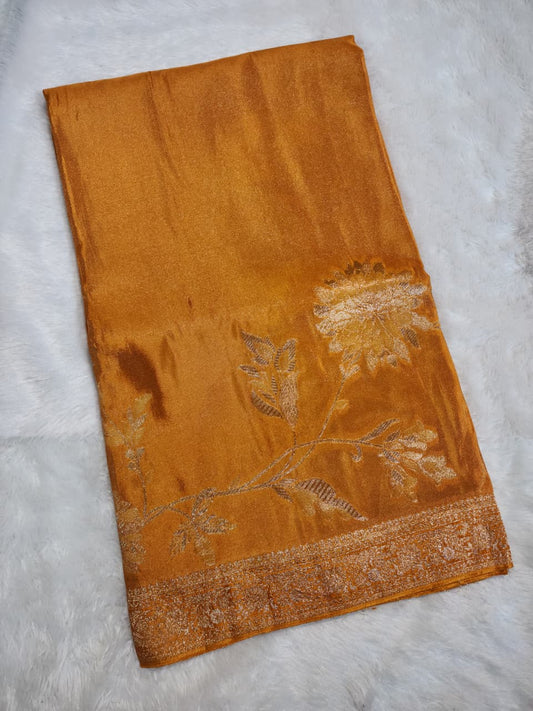 Mustard Gold Banarasi Silk Saree with Floral Zari Weaving