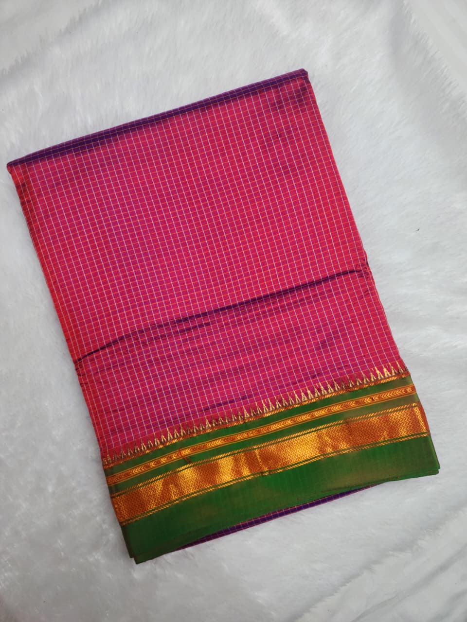 Pink Checks Ilkal Saree with Green-Gold Border