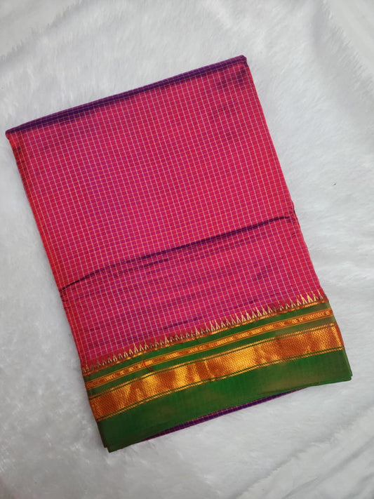 Pink Checks Ilkal Saree with Green-Gold Border