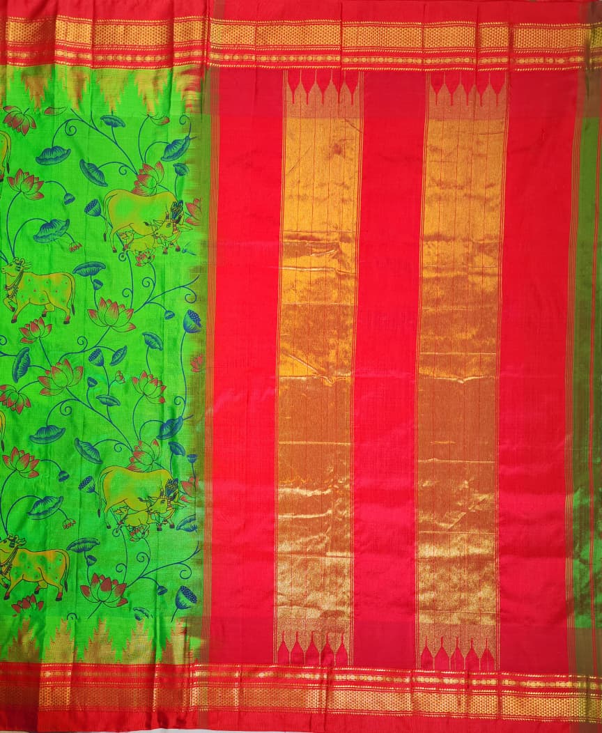 Parrot Green Ilkal–Kalamkari Floral print Fusion Saree