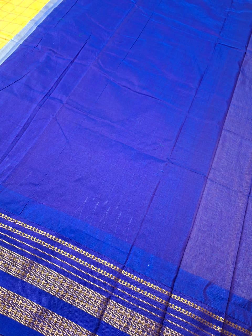 Mustard Yellow Big Checks Ilkal Saree with Royal Blue Big Border