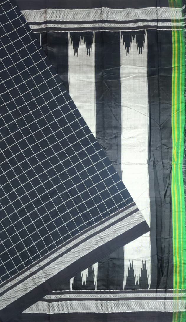Charcoal Black Ilkal Cotton Handloom Checks Saree