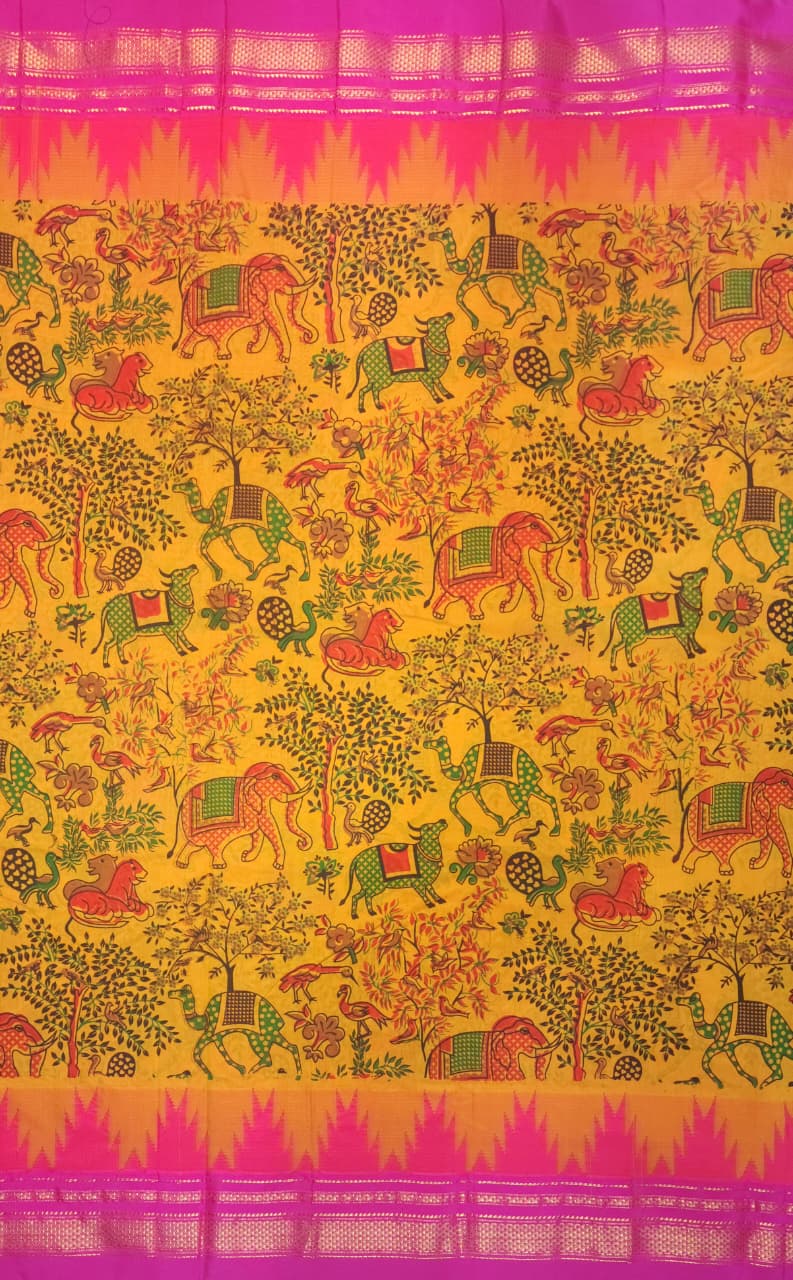 Mustard Kalamkari Cotton Saree with Pink Ilkal-Style Border