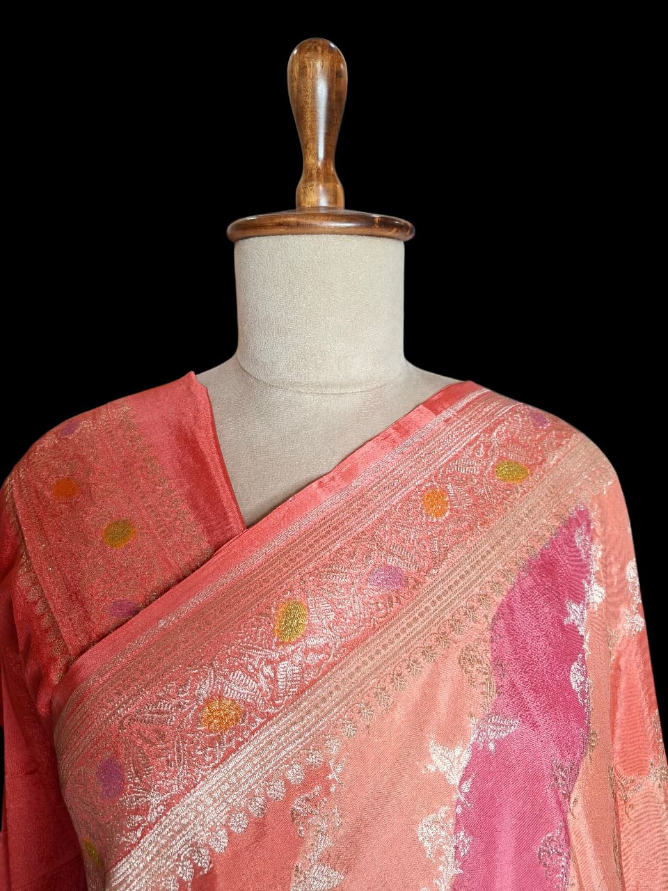 Peach Coral Banarasi Silk Saree with Silver Floral Vine Zari Weaves
