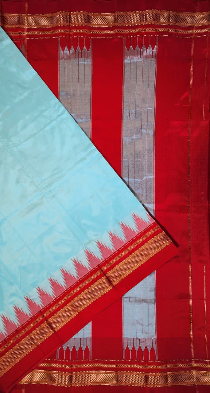 Aqua Blue Plain Ilkal Silk with Big Temple Border