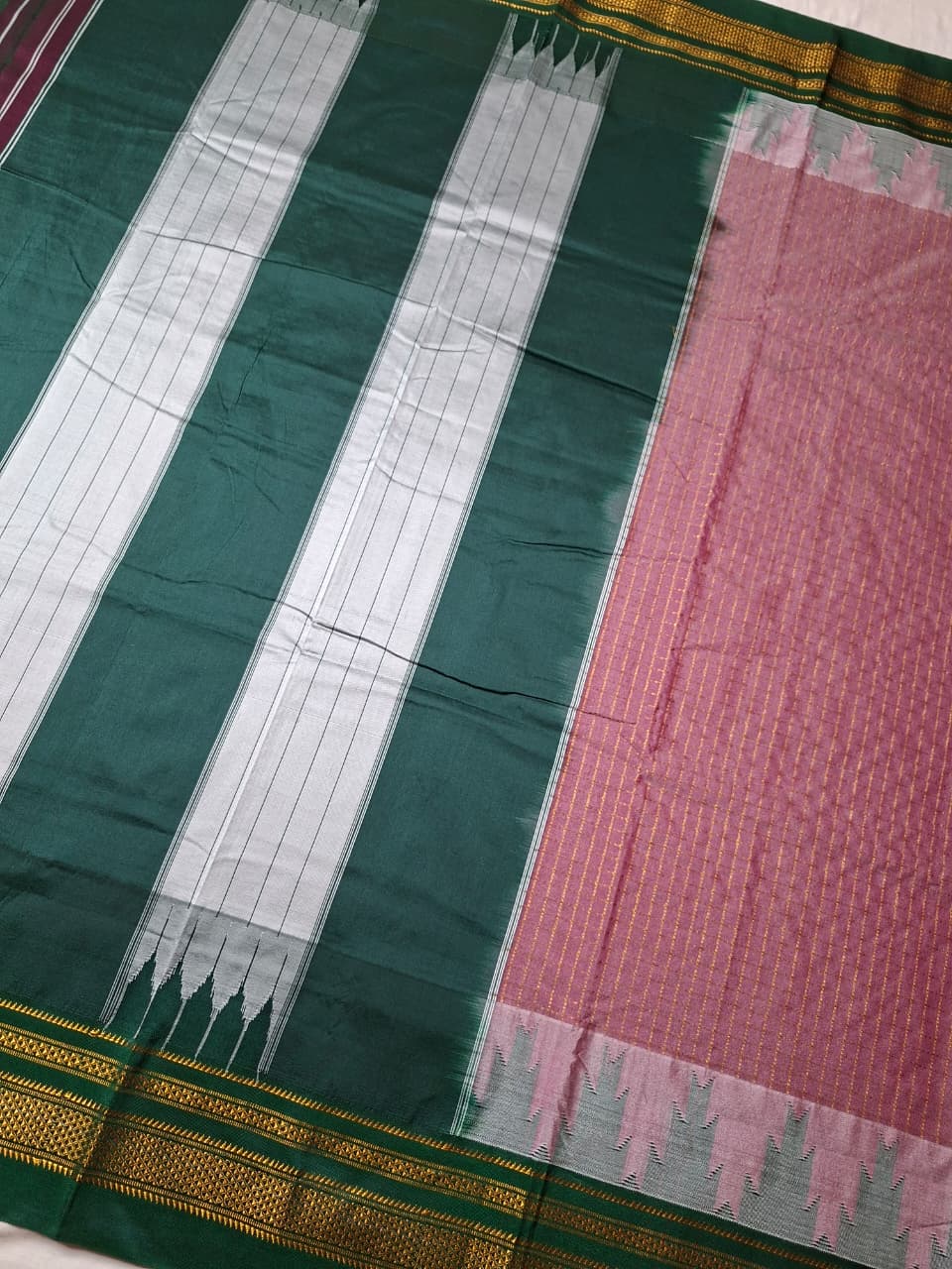 Dusty Mauve Gadwal Chaduranga Ilkal Cotton Saree with Contrast Zari Border & Pallu