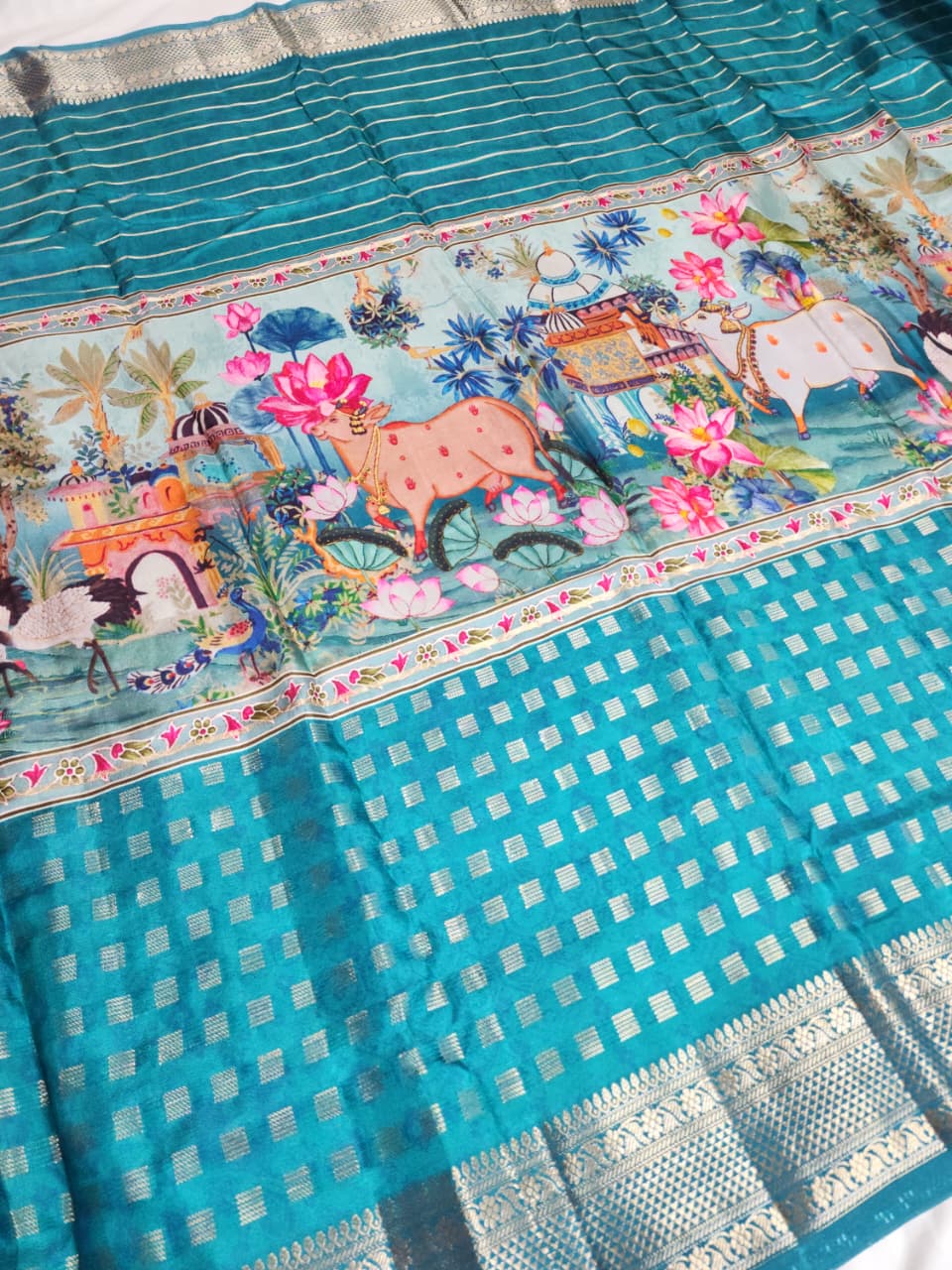 Blue Semi Mysore Silk 3D Print Kalamkari Saree