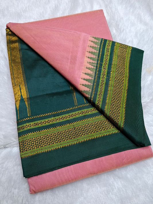 Soft Pink Mini Gadwal Ilkal Saree with Bottle Green Chikki Paras Border