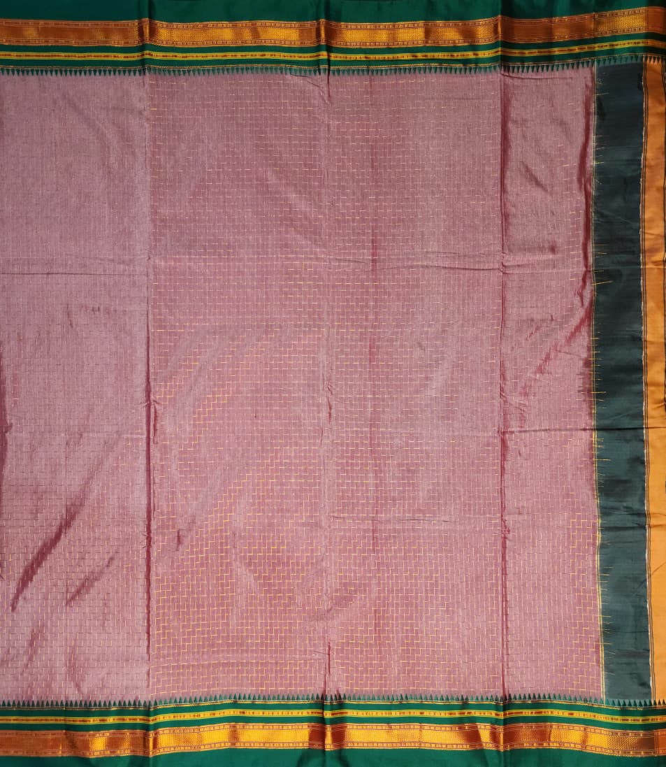 Mauve & Green Ilkal Cotton Saree with Zig-Zag Jari