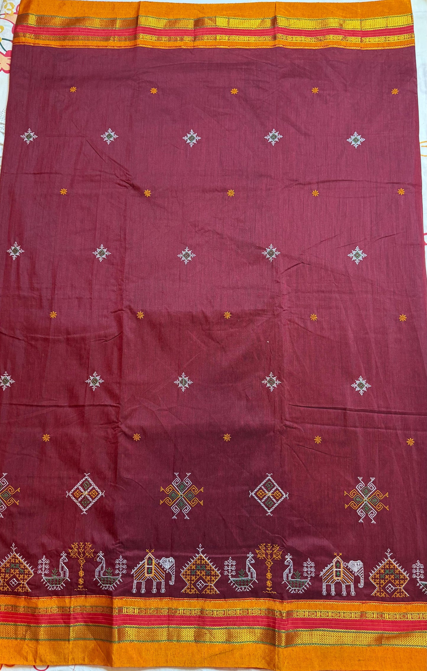 maroon kasuti saree with peacock design