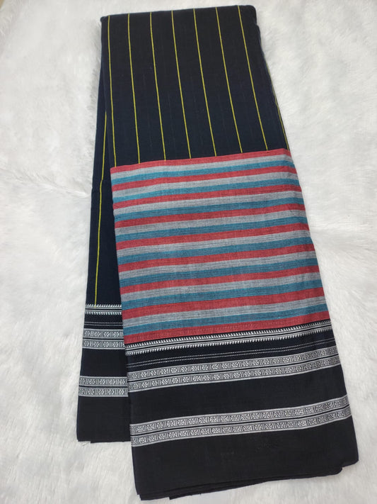 Black Ilkal cotton saree with fine lines