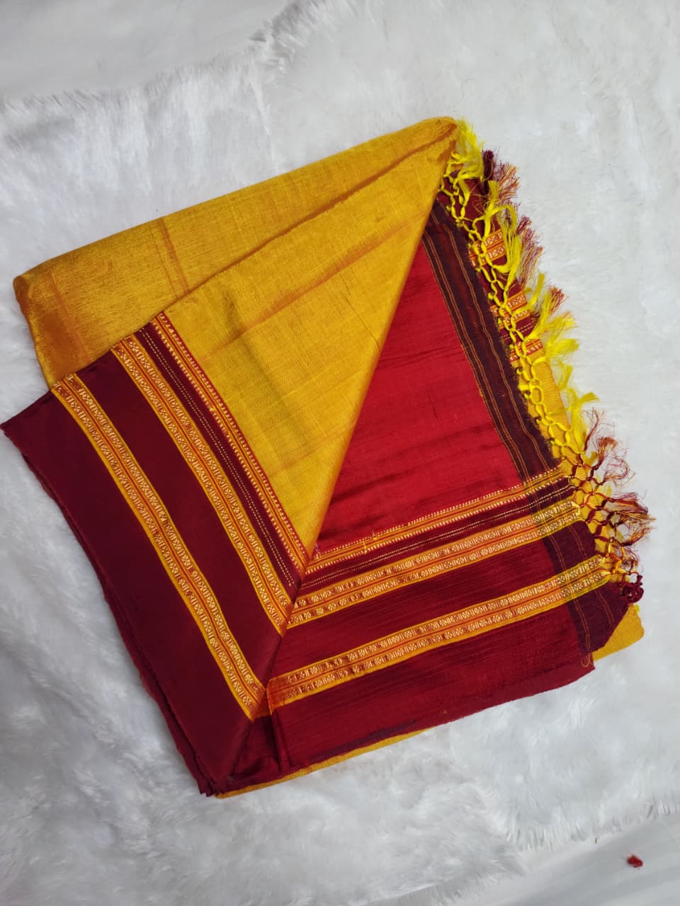 Yellow–Maroon Ilkal Viscose Saree with Gayathri Border