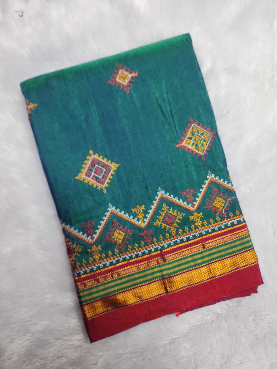 Teal Green Ilkal Kasuti Saree with Contrast Border