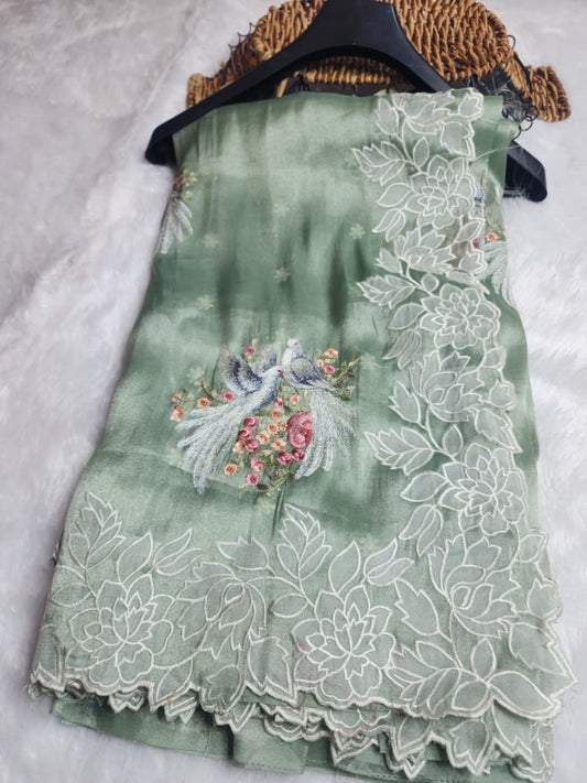 Mint Green  Tissue Organza Embroidered Party Wear Saree