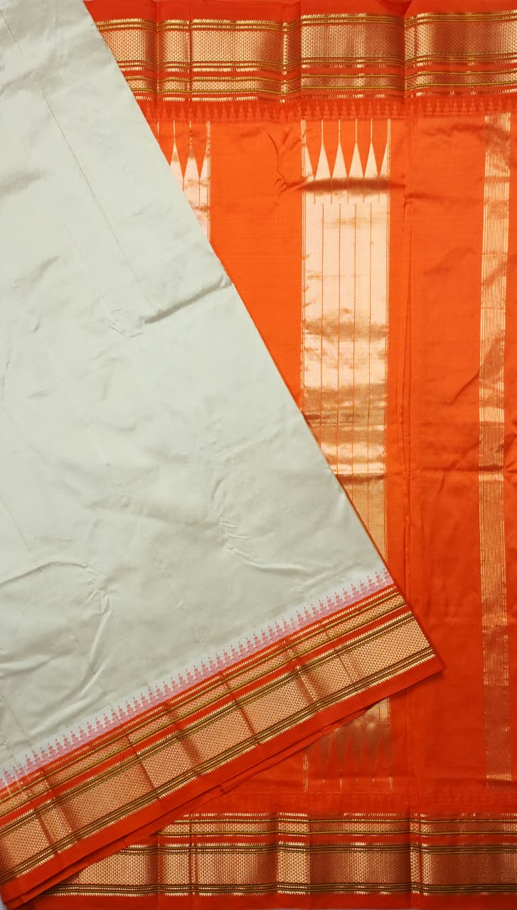 Champagne Beige Gadwal Ilkal Pure Silk Saree with Small Regular Temple Border