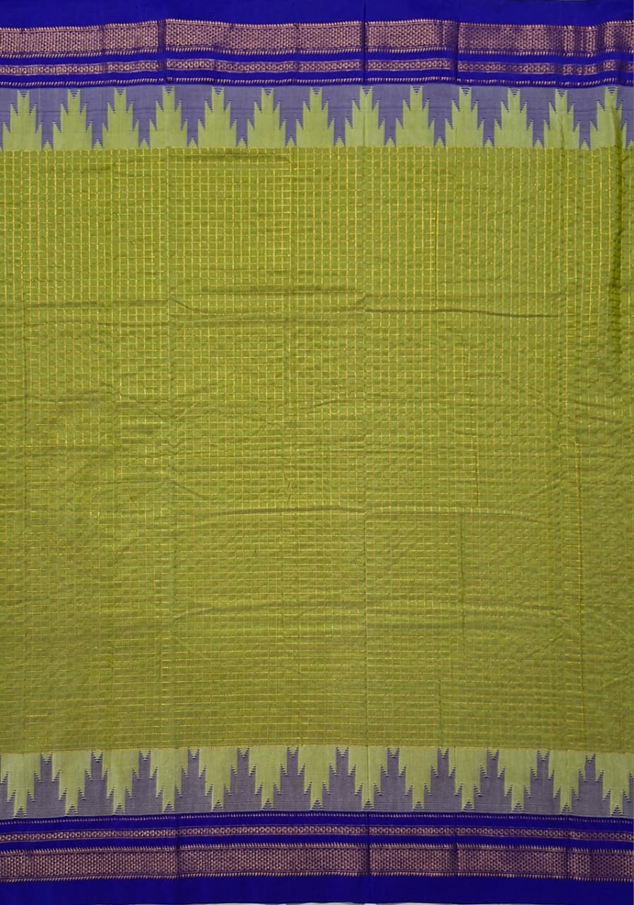 Parrot Green Gadwal Chaduranga Ilkal Cotton Saree with Contrast Zari Border & Pallu
