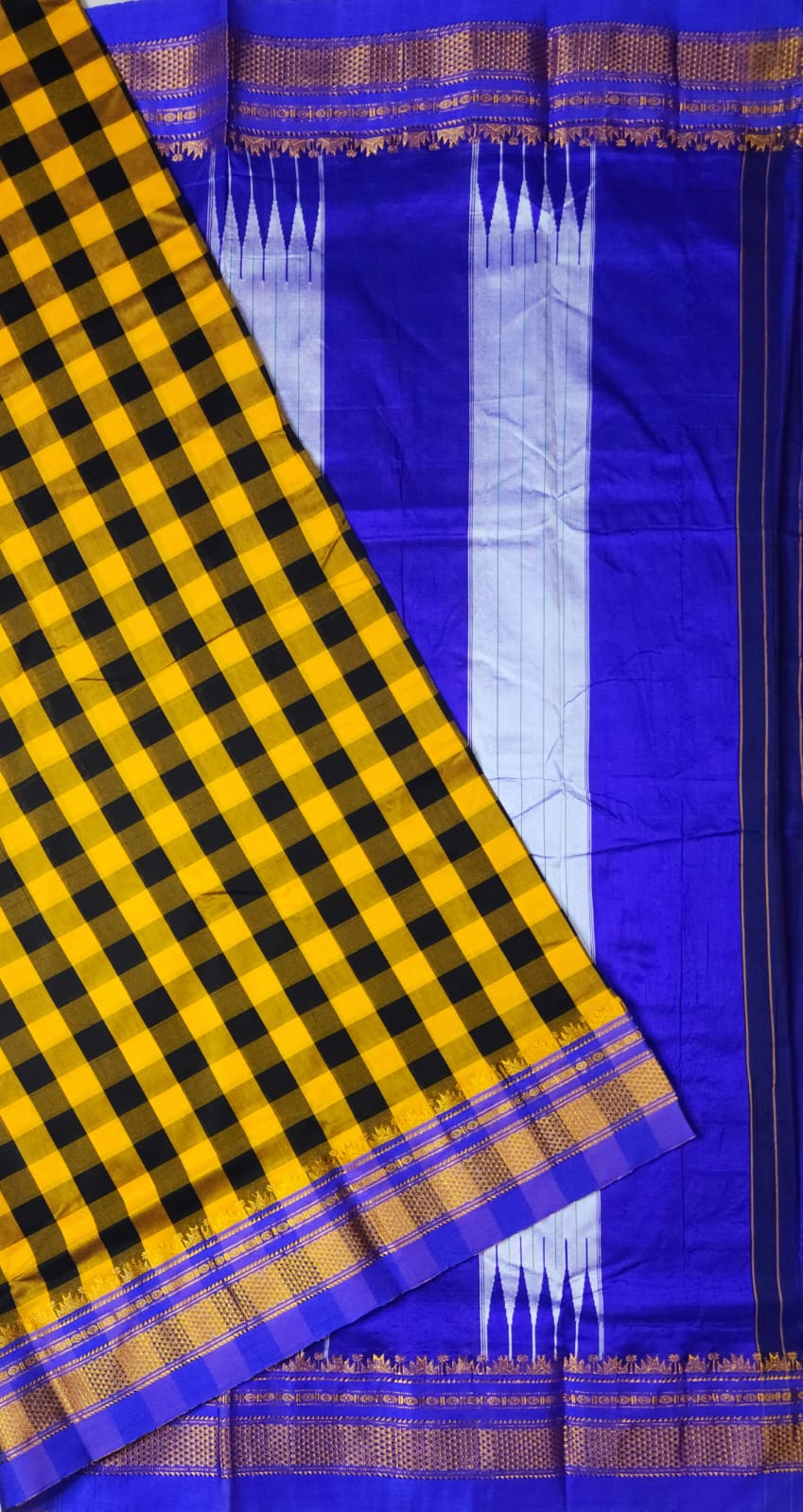 Mustard Yellow and Deep Black Ilkal Big Checks Saree with Rich Pallu