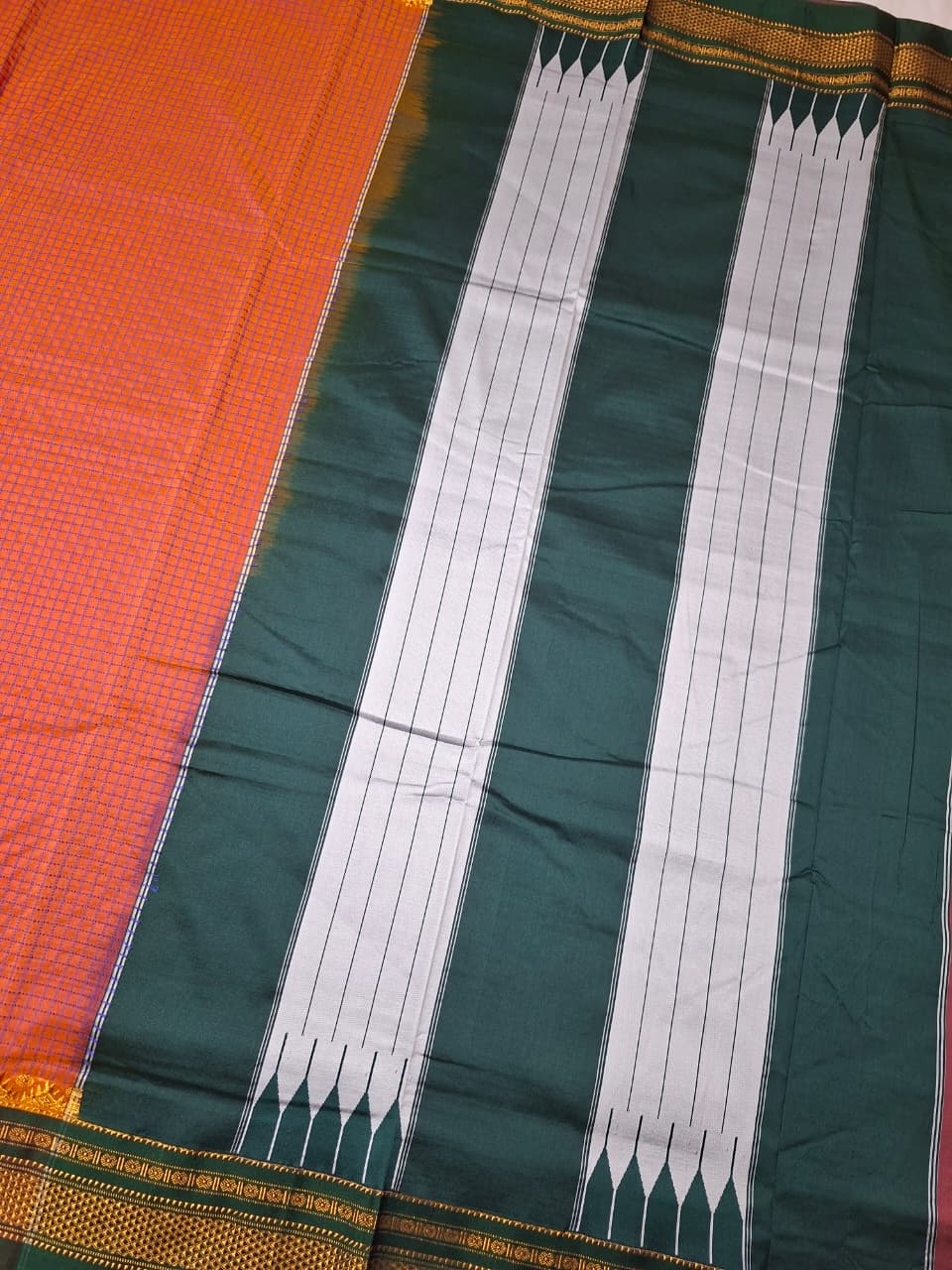 Coral Orange thread chaduranga Ilkal with Gadwal  Deep Bottle Green Border