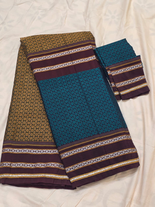 peacock blue brown Ilkal Khun 3D Saree