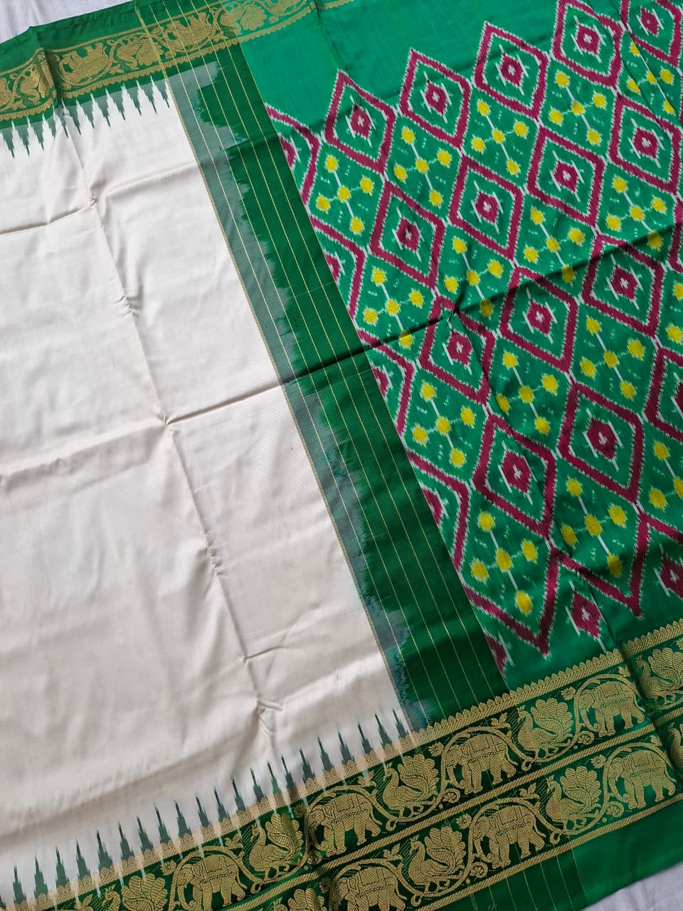 White-Green Plain Handloom Pochampally pure silk with Ikkat design blouse