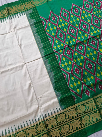 White-Green Plain Handloom Pochampally pure silk with Ikkat design blouse