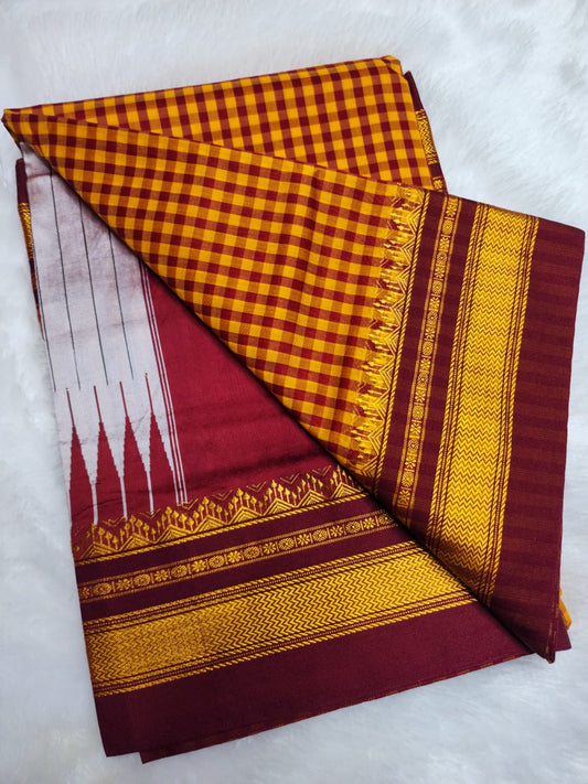 Mustard yellow and deep Maroon Ilkal mini Checks Saree with Rich Pallu
