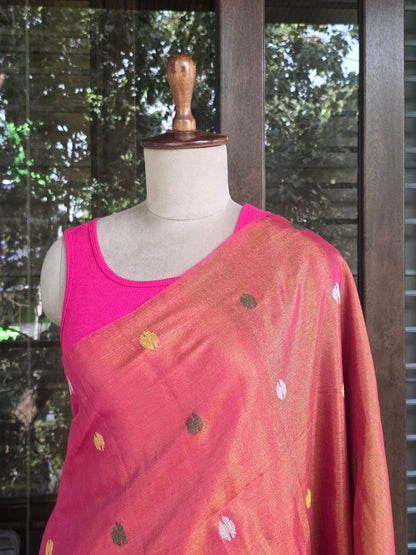 Orange Mul Tissue Saree With gold Paithani Pallu