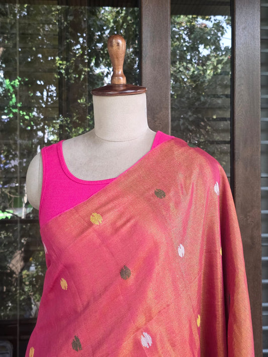 Orange Mul Tissue Saree With gold Paithani Pallu