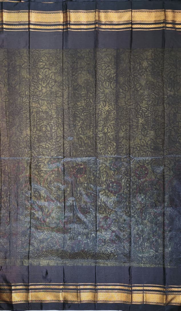 Vibrant Yellow Ilkal–Kalamkari Floral print Fusion Saree