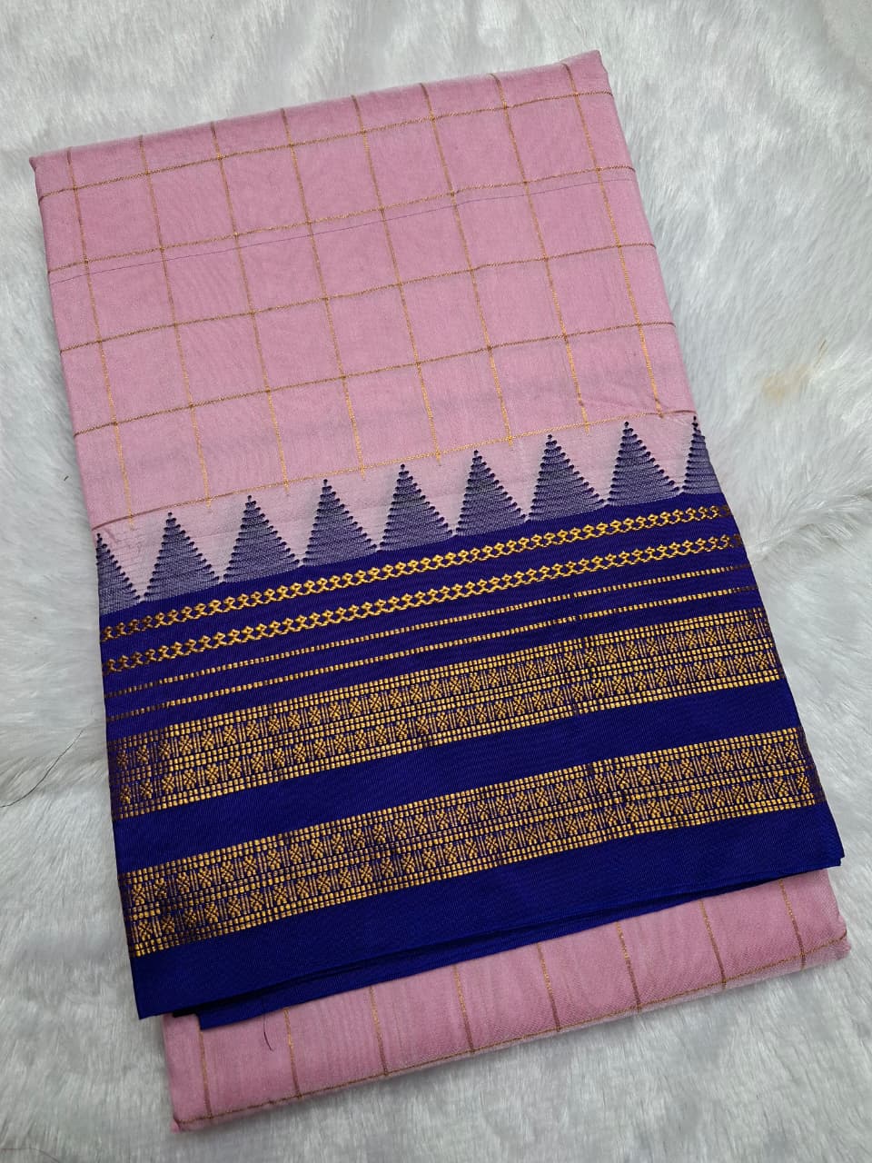 Blush Pink Big Checks Ilkal Saree with Royal Blue Big Border