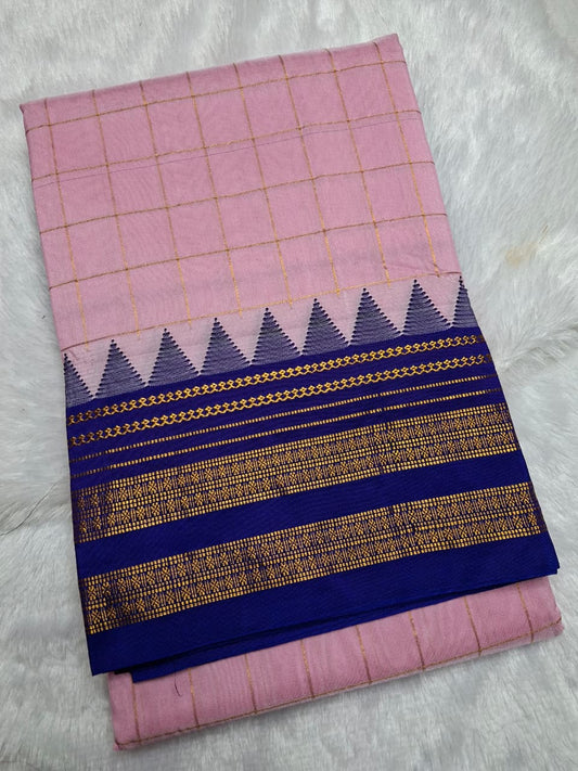 Blush Pink Big Checks Ilkal Saree with Royal Blue Big Border