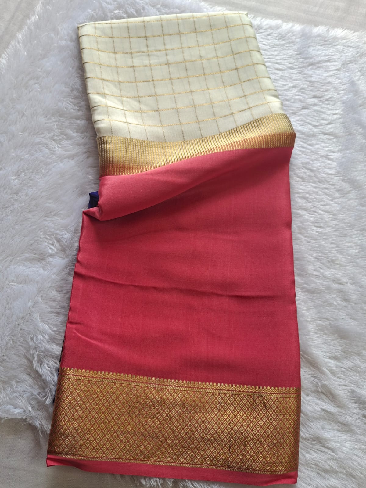 Royal Contrast Pure Mysore Silk Saree with Zari Checks & Heritage Border