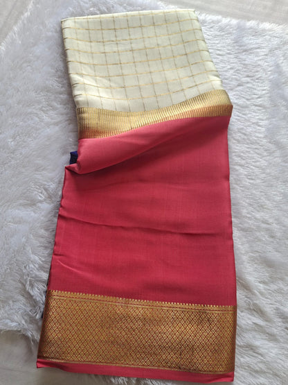 Royal Contrast Pure Mysore Silk Saree with Zari Checks & Heritage Border