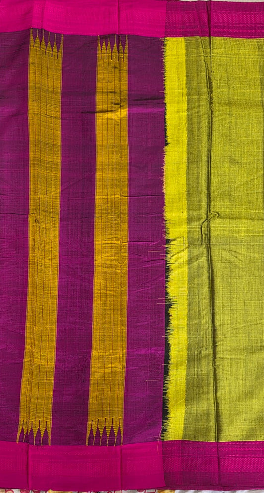 Olive Green-Pink Ilkal Viscose Handloom Saree with Silk Pallu