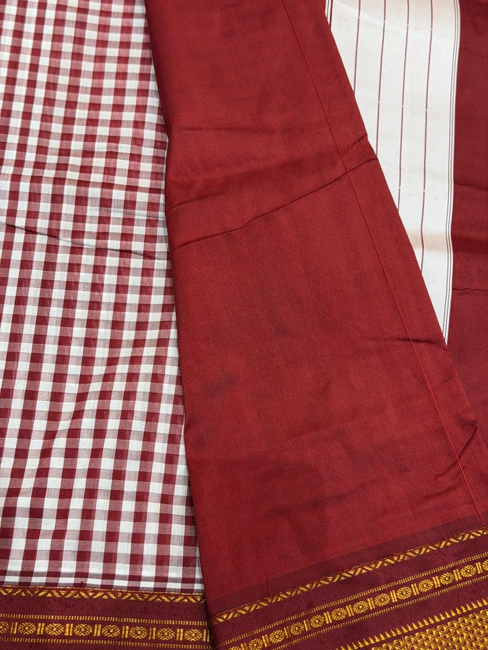 Premium Maroon & White Ilkal Mini Checks Saree with Gadwal border