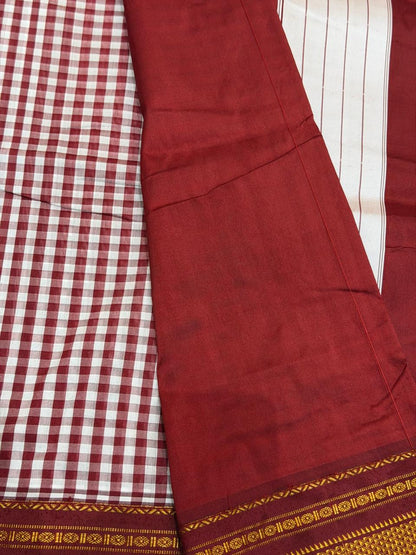Premium Maroon & White Ilkal Mini Checks Saree with Gadwal border