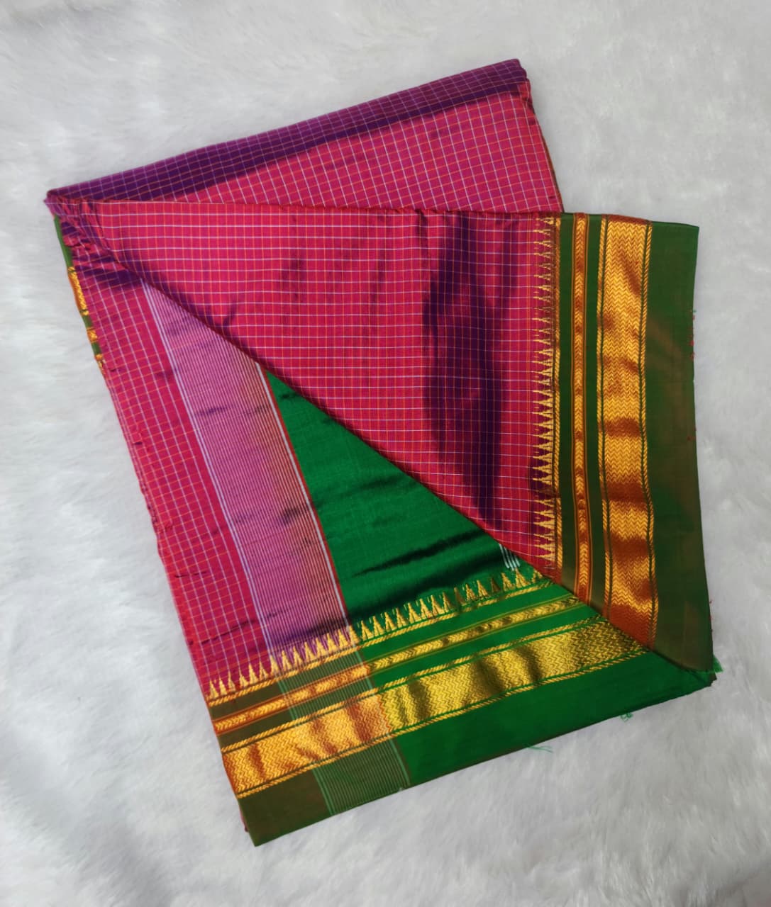 Pink Checks Ilkal Saree with Green-Gold Border