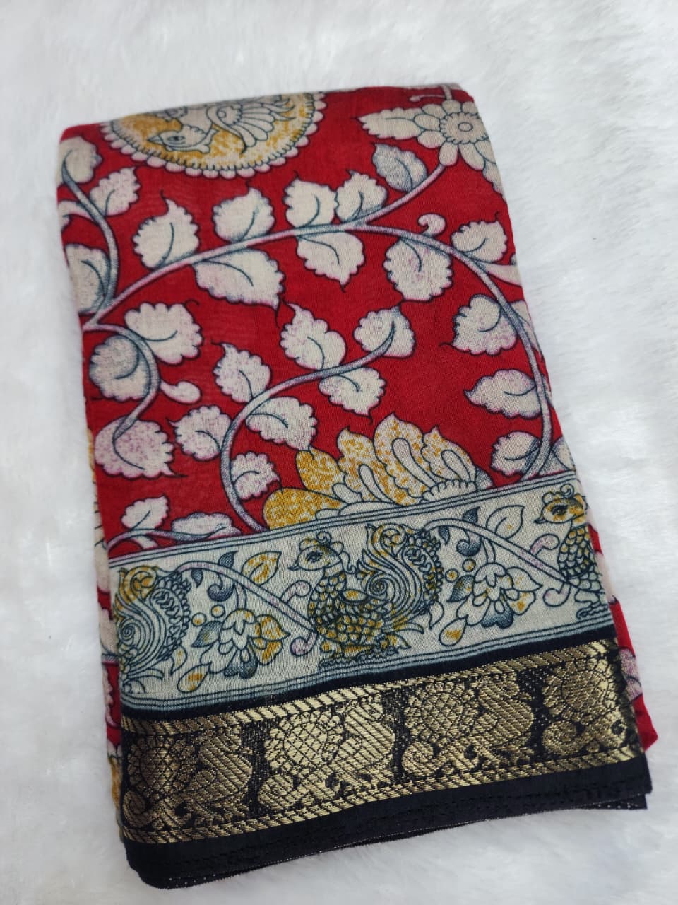 Vibrant Red & Ivory Kalamkari Cotton Saree with Black Zari Border