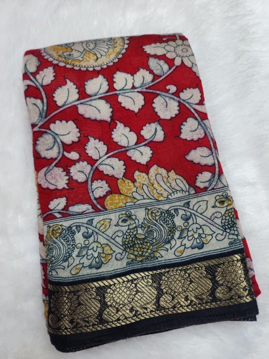 Vibrant Red & Ivory Kalamkari Cotton Saree with Black Zari Border