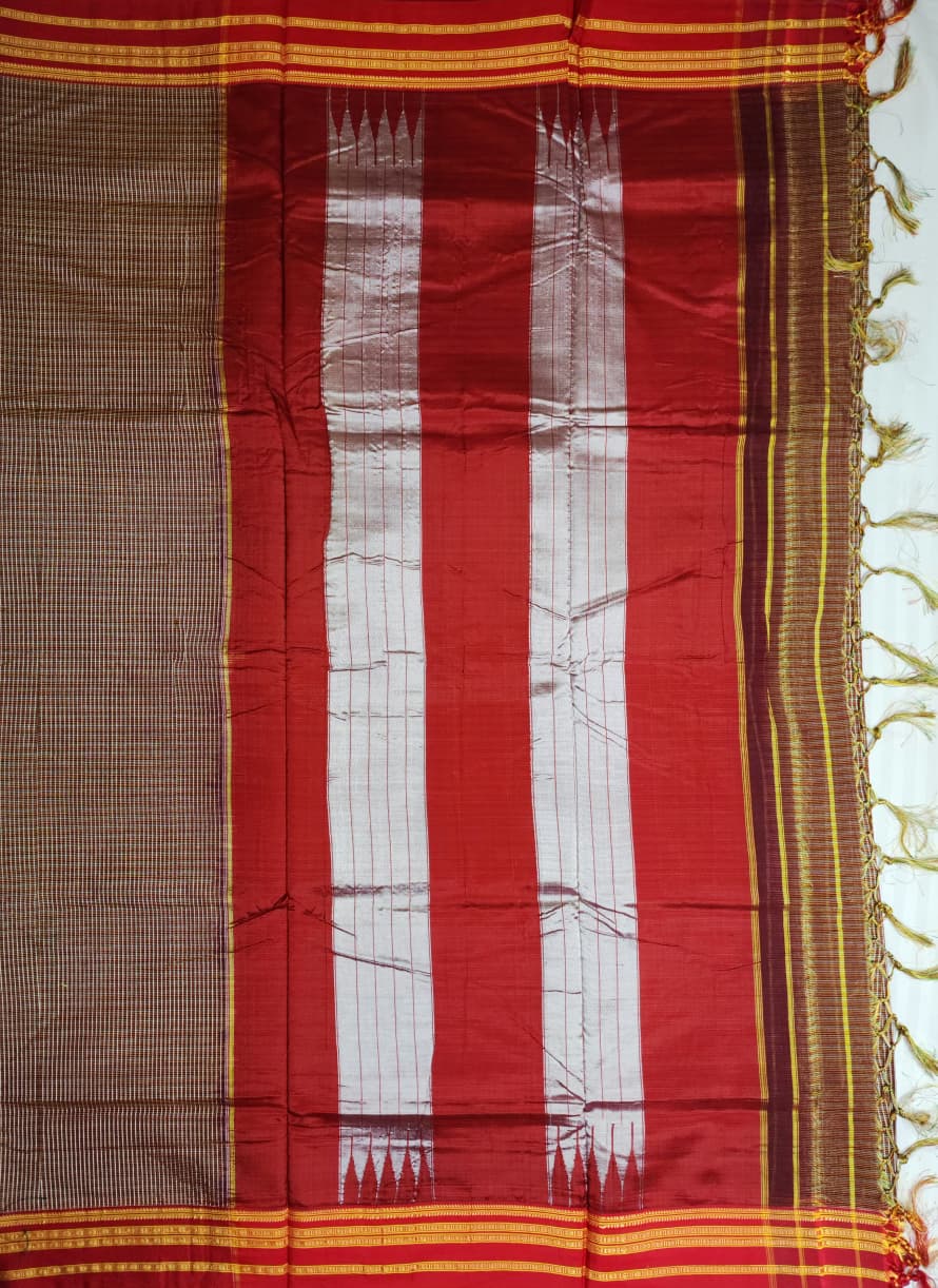 Brown base multicolored Checkered Ilkal Cotton Saree