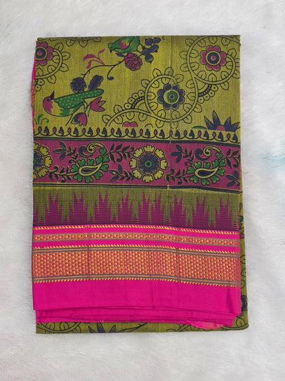 Green Kalamkari Cotton Saree with pink Zari Border