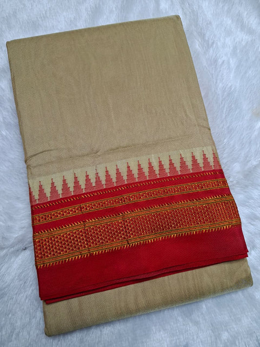 Sand Beige Mini Gadwal Ilkal Saree with Vermilion Red Chikki Paras Border