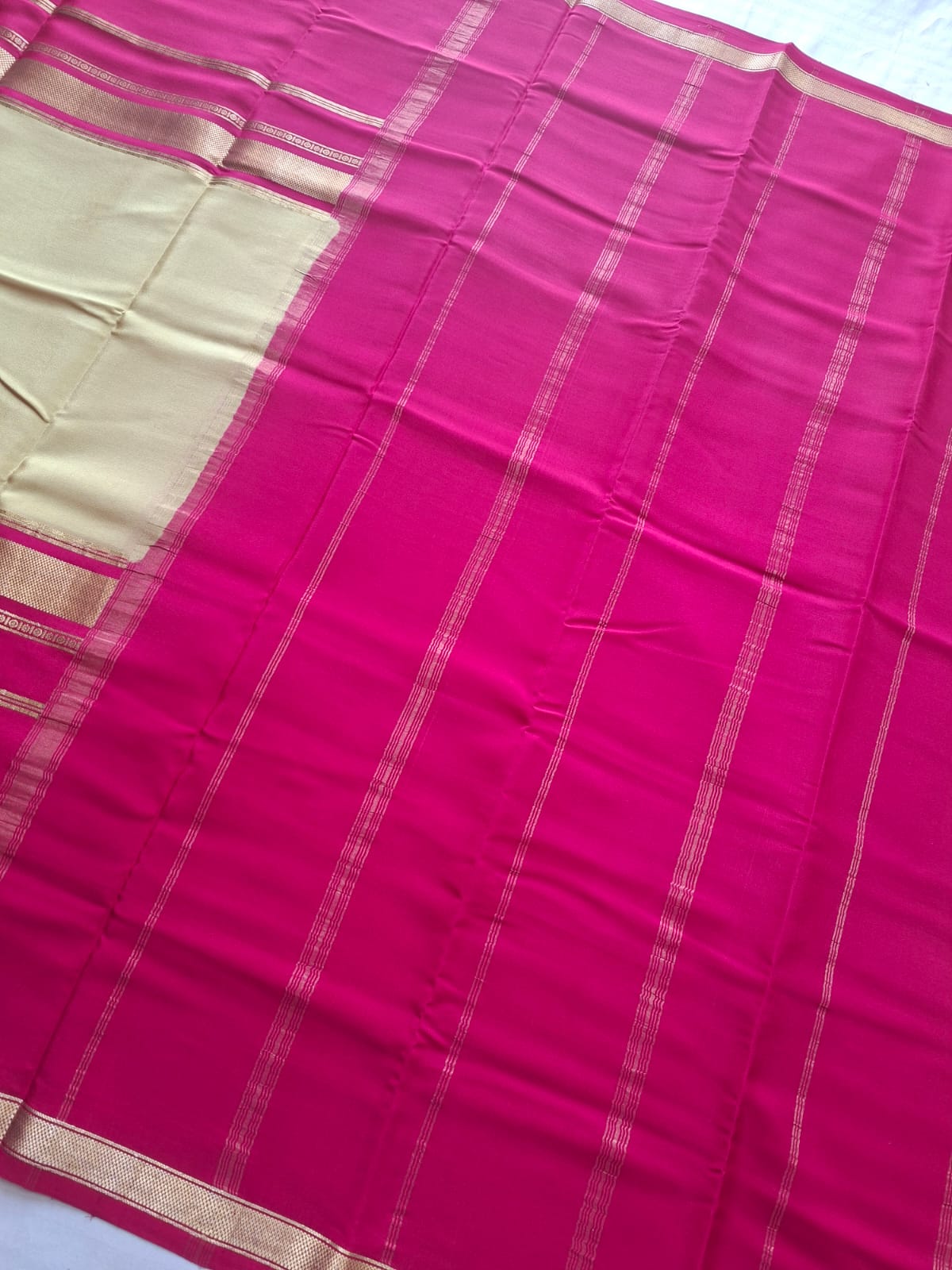 gold-pink mysore crepe pure silk with classic zari border
