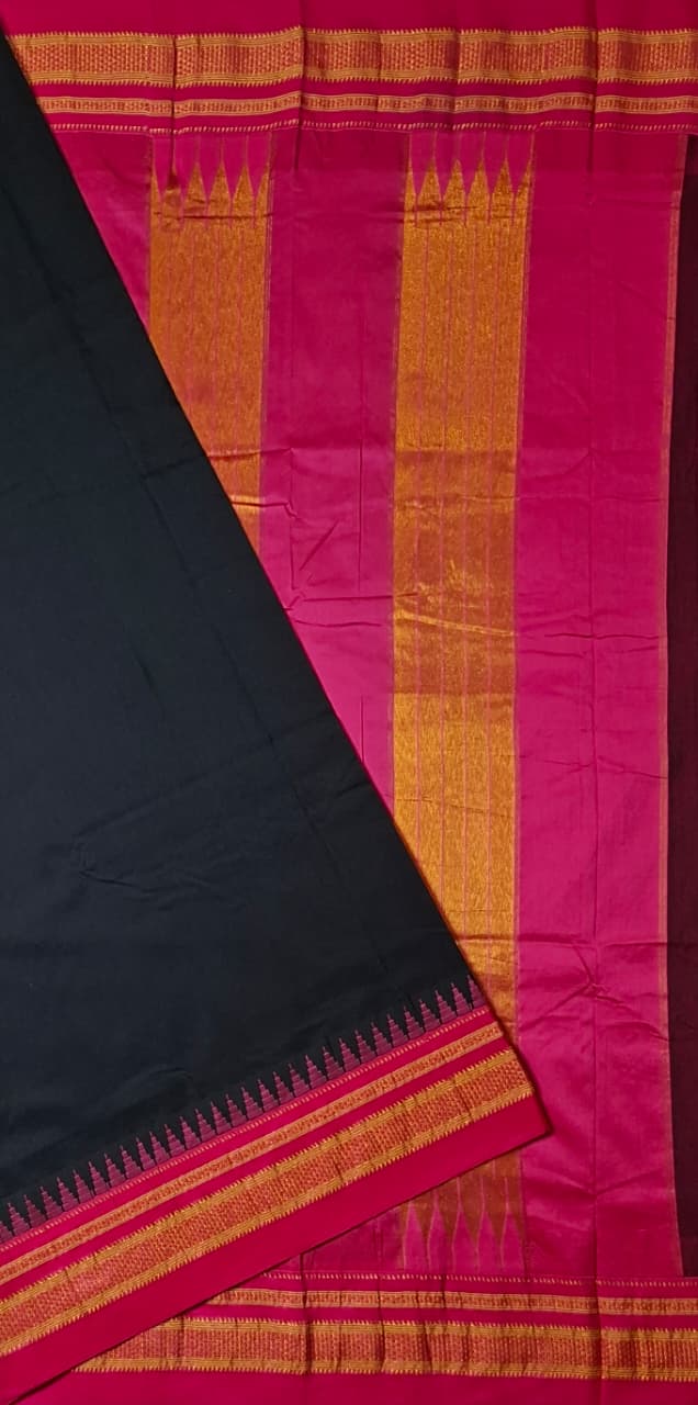 Classic Black Mini Gadwal Ilkal Saree with Rani Pink Chikki Paras Border