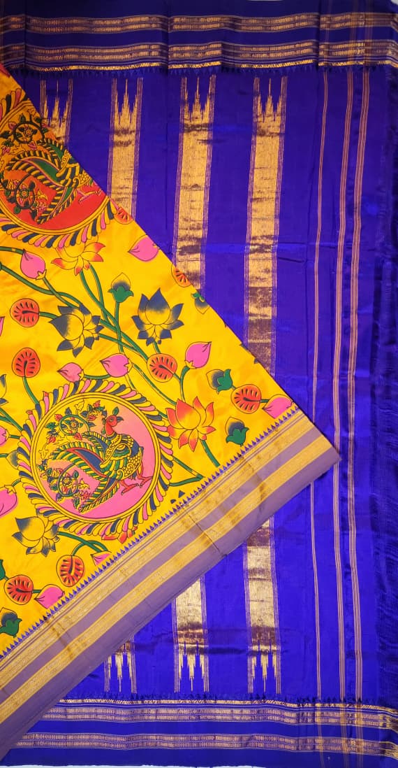 Yellow  Ilkal–Kalamkari Lotus print Fusion Saree