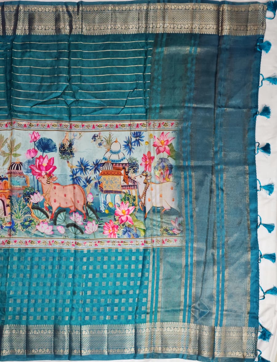 Blue Semi Mysore Silk 3D Print Kalamkari Saree