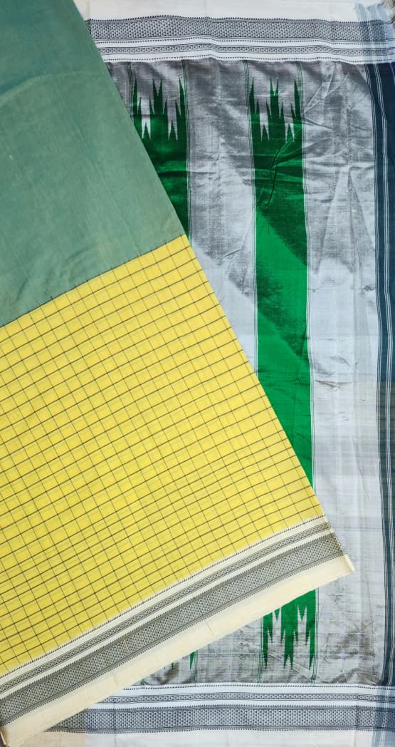 Yellow Ilkal Cotton Handloom Checks Saree