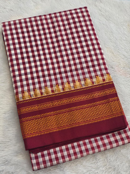 maroon and White Ilkal mini Checks Saree with Rich Pallu