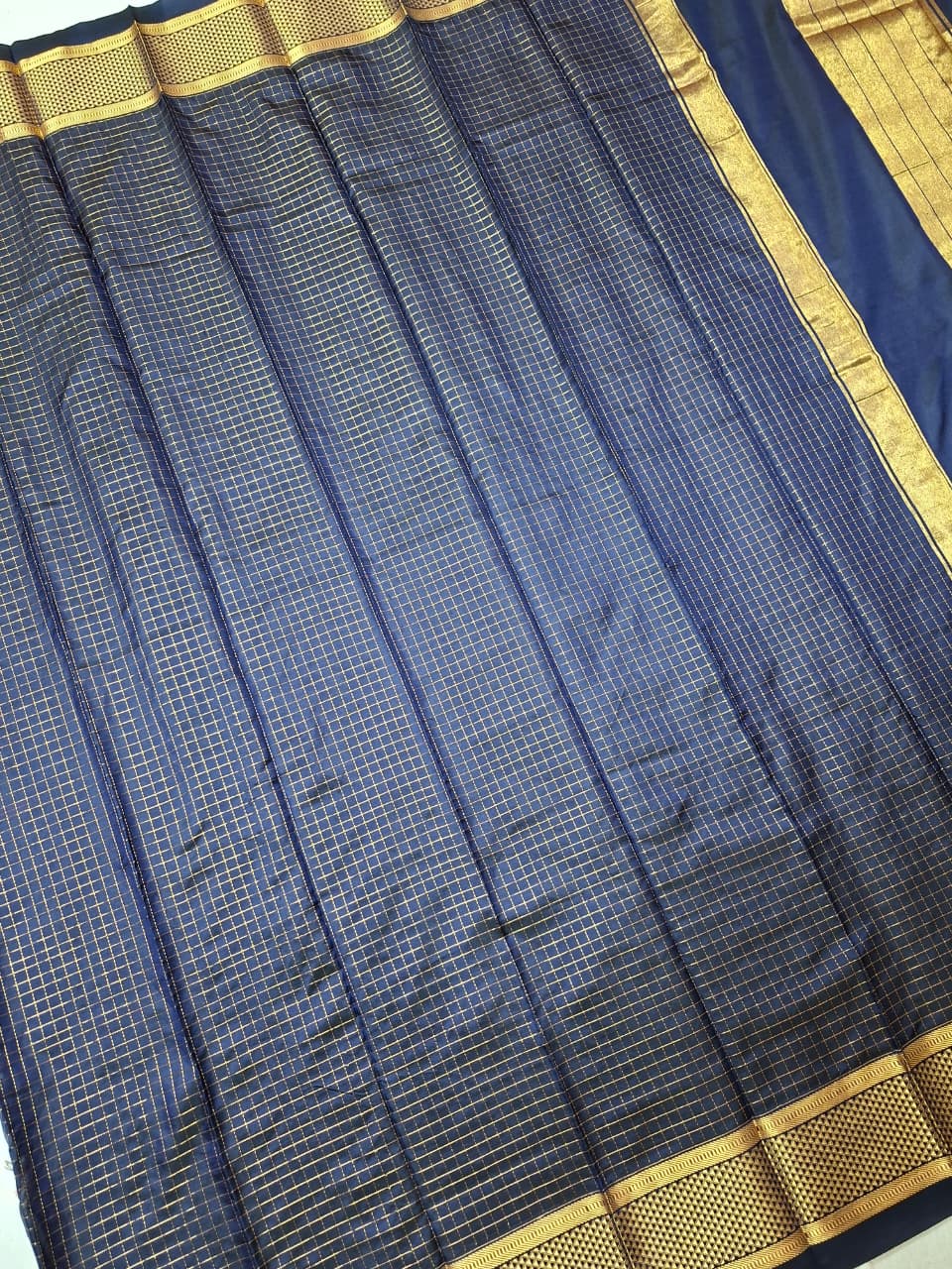 Orange -Navyblue Ilkal Gadwal Pure Silk Saree-Malbar edition with Butta